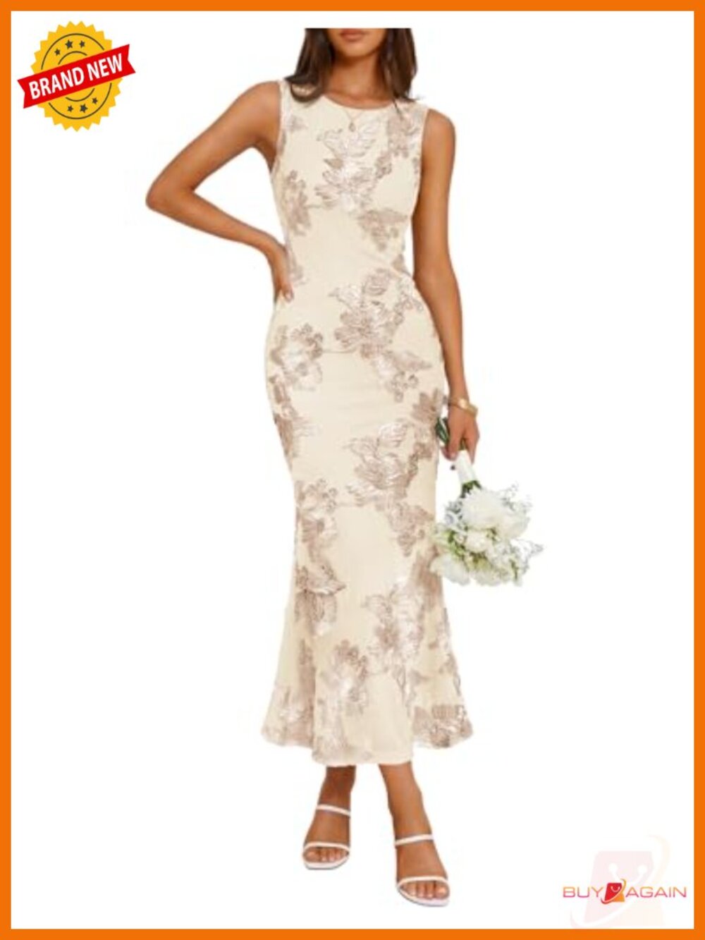 Floral Mesh Bodycon Midi Dress with Back Slit, Sleeveless Cocktail Wedding Guest